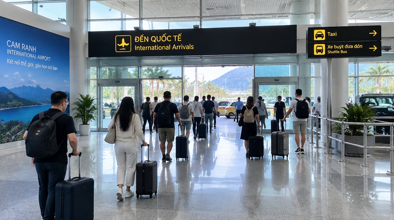 깜란 국제공항 도착 로비 — 택시와 셔틀 안내판