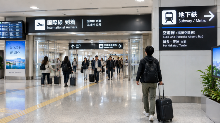 후쿠오카 공항 국제선 도착 로비 — 지하철 안내판을 보는 여행자