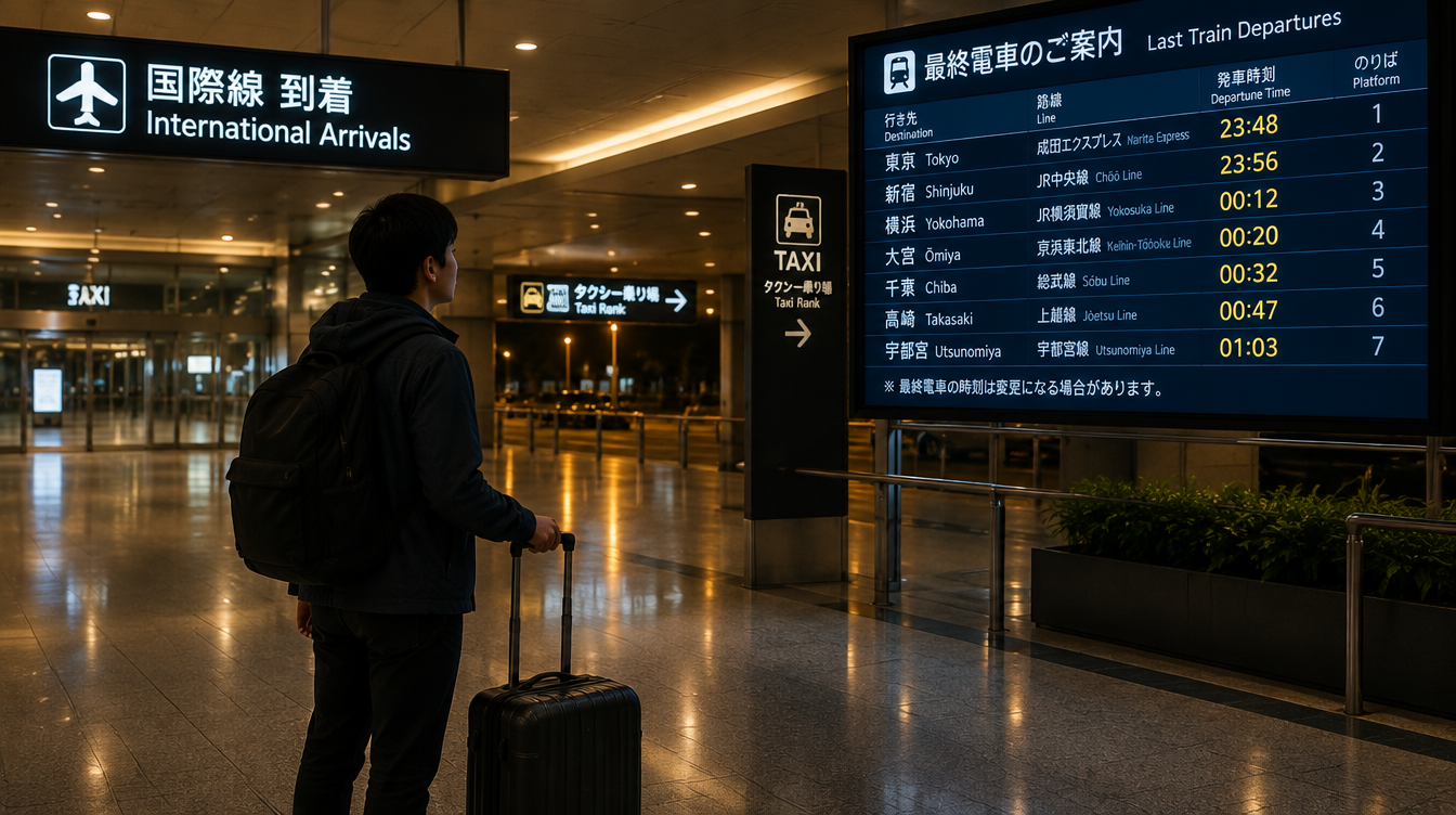 밤 비행기 도착 후 공항 도착 로비에서 마지막 교통편을 확인하는 여행자